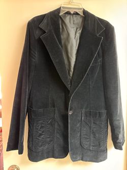 Vtg Black Corduroy Blazer Jacket 1970s Two Button Sport Coat 42R Retro Academia