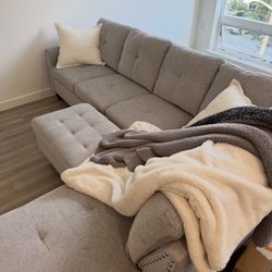 Gray Linen Sectional Couch And Ottoman 