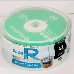 FujiFilm DVD-R 30 Count Color Disc Tower W/O Special Label Kit 8X/4.7 GB/120 Min
The image shows a stack of Fujifilm DVD-R discs in their original pac
