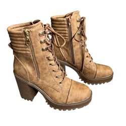 Brand New GBG Los Angeles Dual Zip Lace High Heel Platform Boots Brown Women 9M