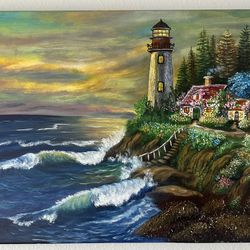 Lighthouse Ocean Sunset Painting Canvas Art