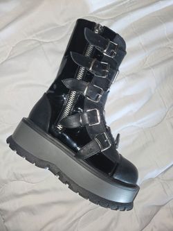 Black Patent Platform Combat Boot with Buckles