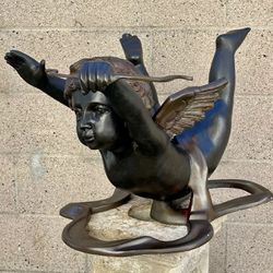 Vintage Bronze Statue • Patinated Bronze Cupid 16”x 24”