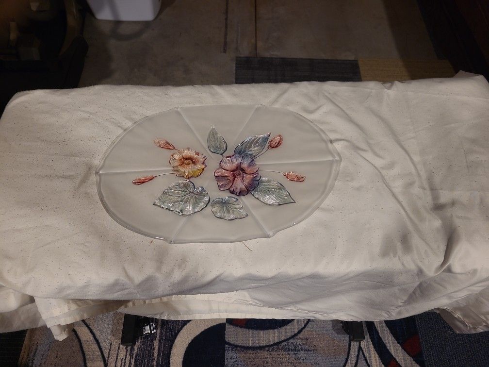 Frosted Glass Platter With Colored Flowers