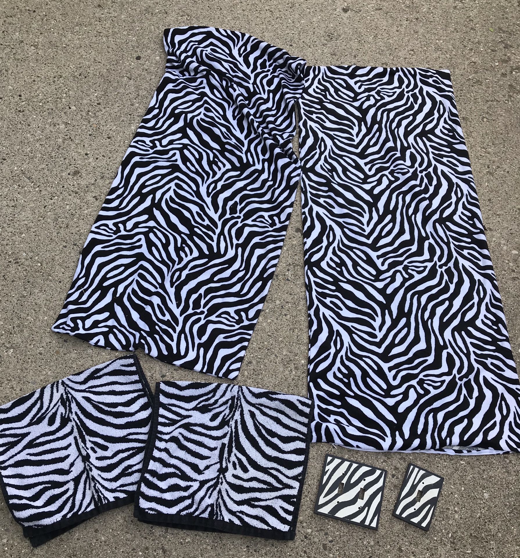 Zebra print!! 2 body pillow cases, 2 hand towels, 2 light switch covers
