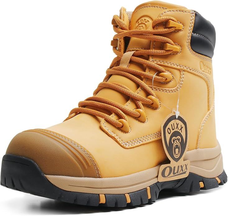 OUXX Work Boots for Men, Side Zipper Steel Toe Shoes, Water-Resistant, Non-Slip, Brown
