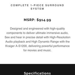Kraiger Hifi A-S1200 Complete One-Piece Surround System NIB
