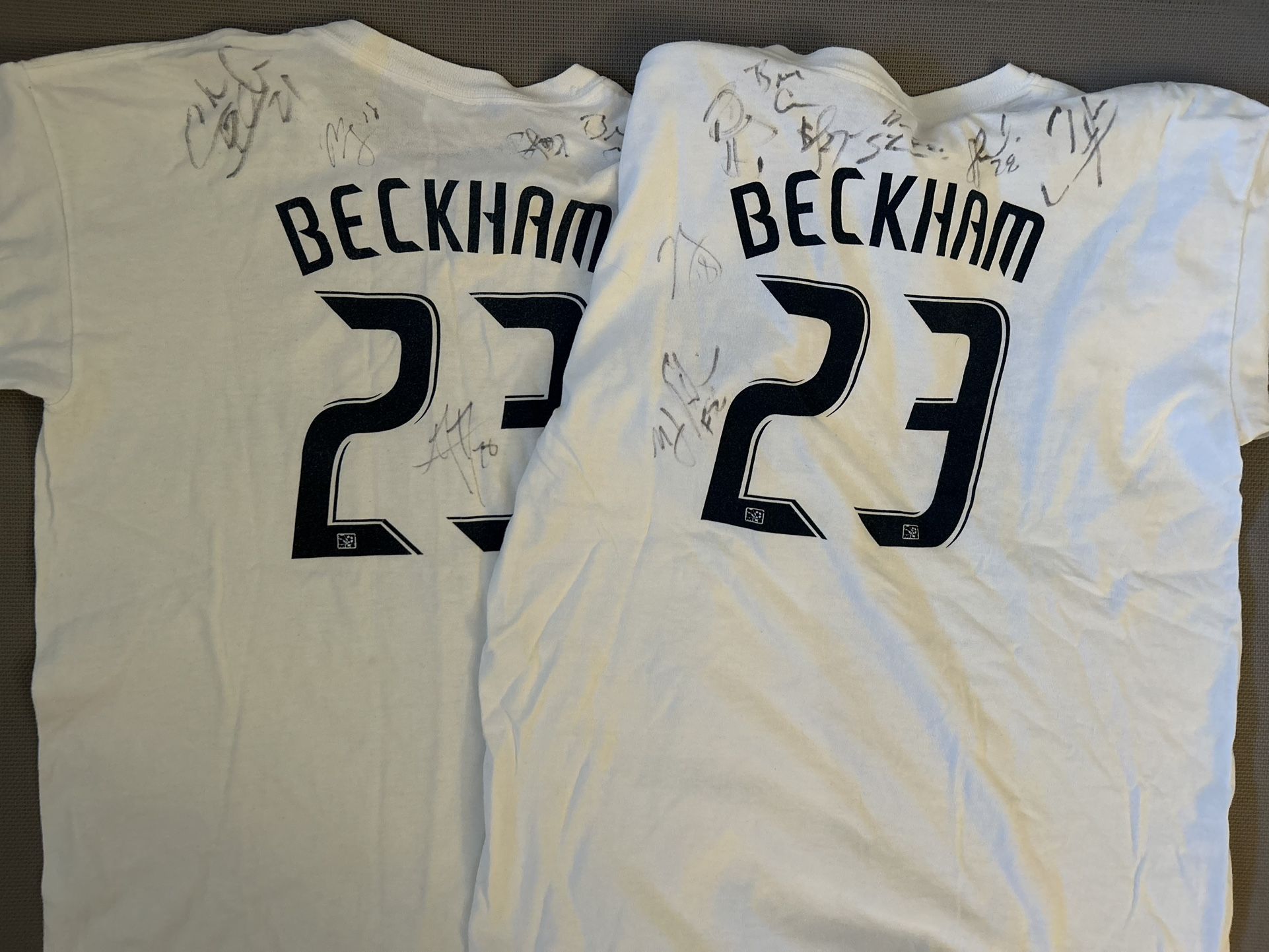 two YOUTH LARGE David Beckham LA Galaxy shirts (signed by various players)