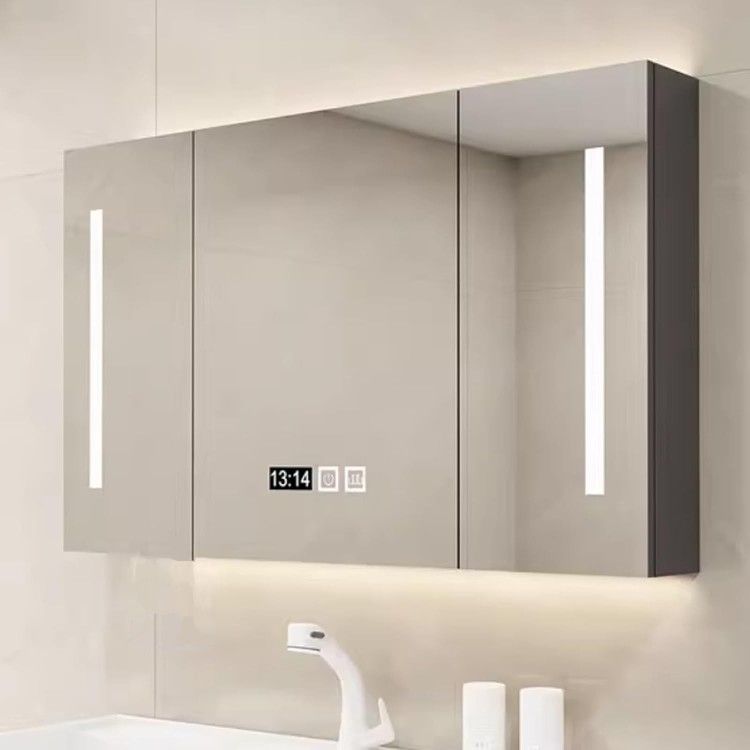 48"x26" Smart Medicine Cabinet w/ LED Light Mirror, Time Temp Display w/ Storage Black Solid Wood