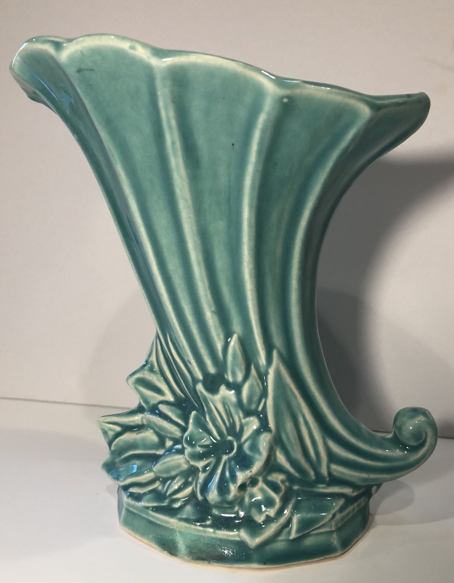 McCoy Pottery Cornucopia Vase Vintage Teal 7” Collectible