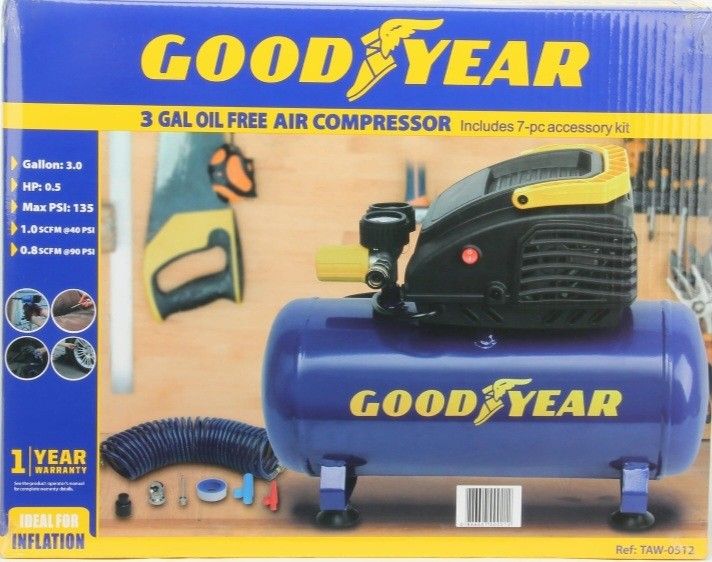 New In Box - GOODYEAR 3 Gallon Horizontal Air Compressors. 135 Max Psi