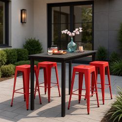 New Heavy Duty All Weather 5 Pieces Outdoor Bar Table and Chairs Set, 30” Metal Bar Stools Set of 4 with High Pub Bistro Table, Indoor Outdoor Patio B