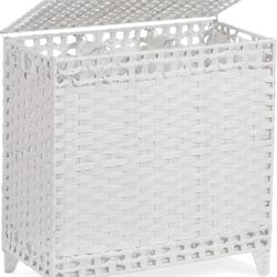 Laundry Hamper with 3 Removable Liner Bags; 132L Handwoven Rattan Laundry Basket with Lid & Heightened Feet; Clothes Hamper with Side Handles; Laundry