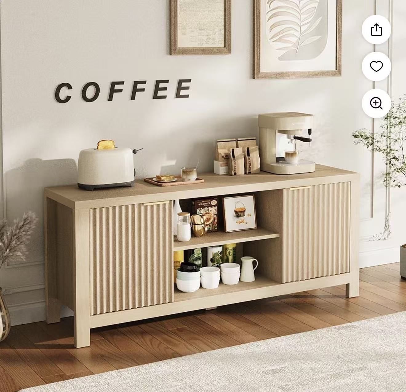 Oak 65 Inch Fluted TV Stand with Open Shelves and Storage Cabinets $120