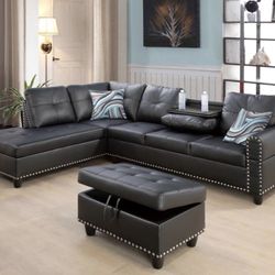 Black Leather Sectional Couch And Storage Ottoman