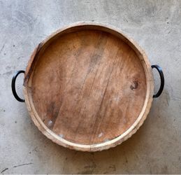 World Market Colette 24" Round Wooden Ottoman Tray with Black Handles