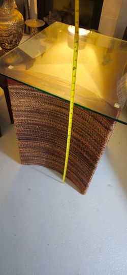 Unique Woven Seagrass Accent Side Table with thick glass top.