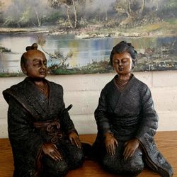 "Japanese Bronze Samurai & Geisha – Stunning Collectible Pair!"