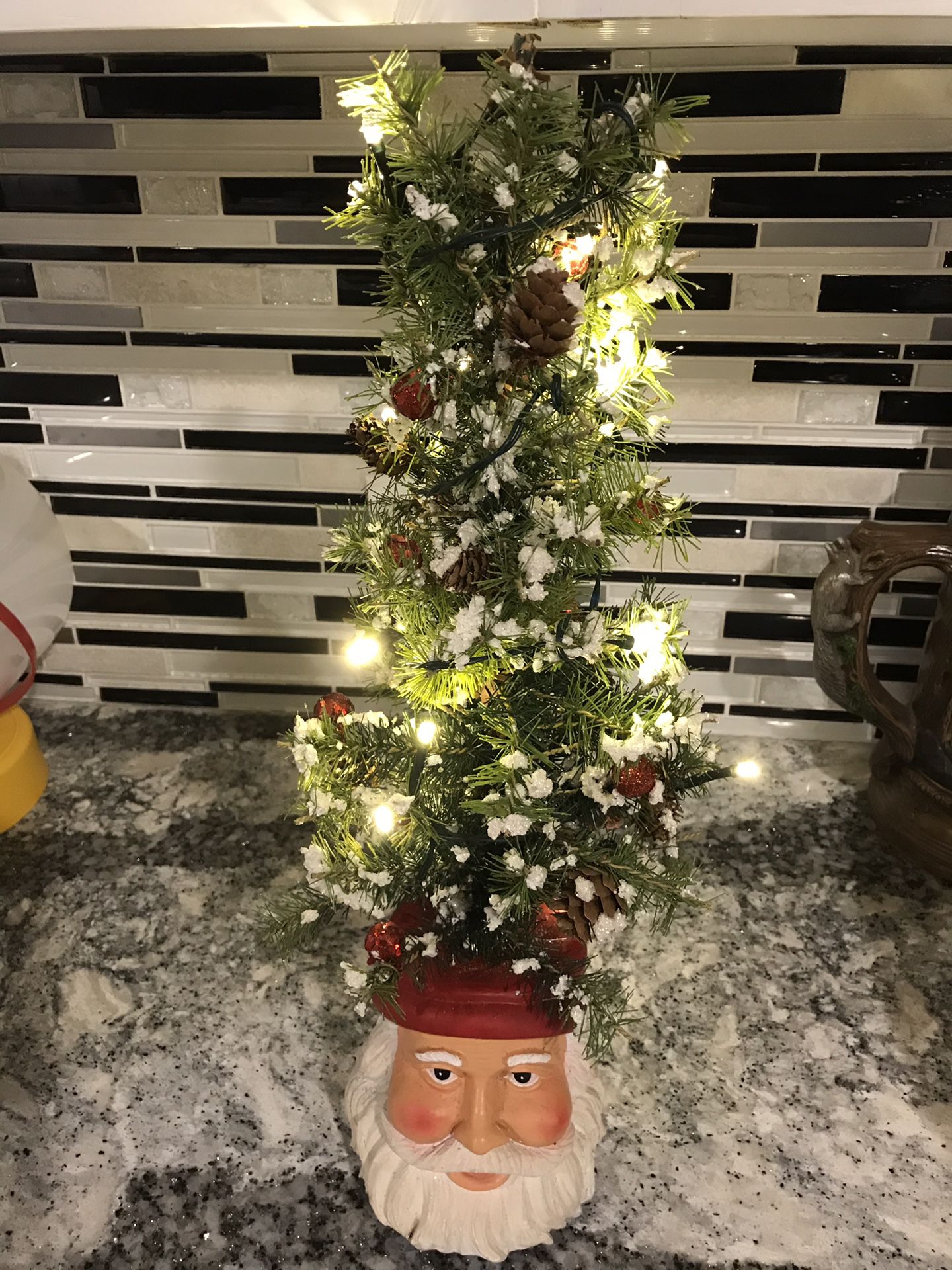 Ceramic Santa with Frosted Lighted Christmas Tree