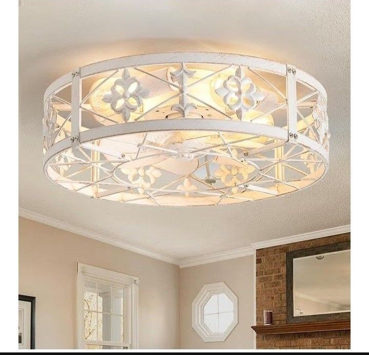 Caged Ceiling Fan with Light, 20" Ceiling Fans with Lights and Remote Flush Mount, Bladeless Caged Ceiling Fan with Light, Rust White Farmhouse 