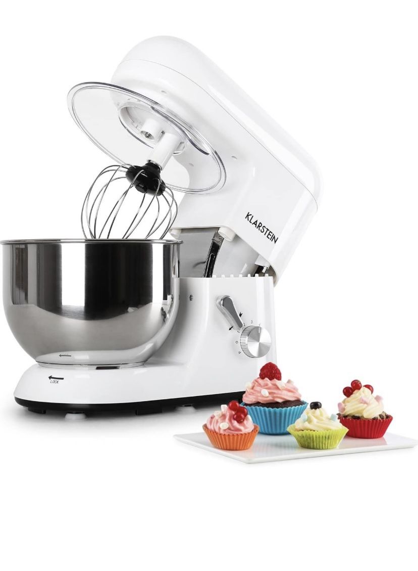 KLARSTEIN Bella Bianca Electric Stand Mixer, Grinder, Dough Bowl, Flat Whisk, Food mixer, Wire Whip, 650 Watts, 5.5 qt Stainless steel Bowl, 6 Speeds
