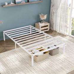 B914 $35  Twin Bed Frame, Heavy Duty Metal Platform Bed with Ample Under-bed Storage Space, No Box Spring Needed, White  Color: White Size Available: 