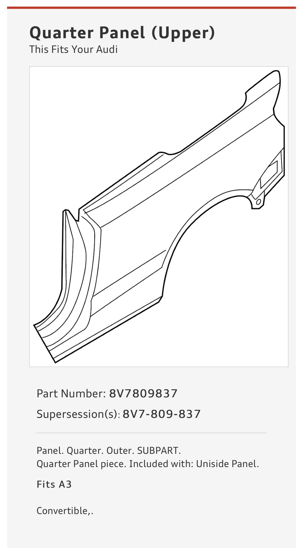 Audi A3 quarter panel