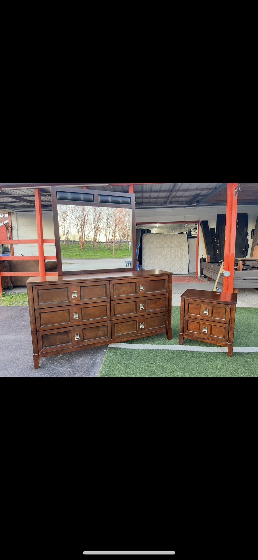 Dresser, mirror, and nightstand