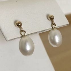 14K Solid Yellow Gold & Genuine White Pearl and Small Gold Ball on Top with Dangle/ Drop White Baroque Pearl.Earrings