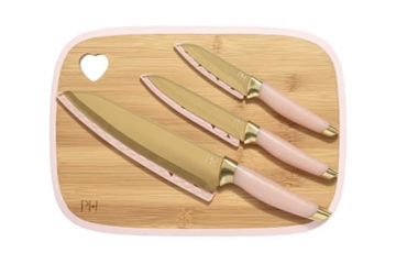 Paris Hilton Reversible Bamboo Cutting Board and Cutlery Set with 8", Pink Gold 7 pieces
