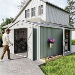 10x12 FT Outdoor Metal Storage Shed, Large Storage Sheds with Sturdy Frame Structure, Metal Garden Tool Shed with Lockable Door for Garden,Gift a fold
