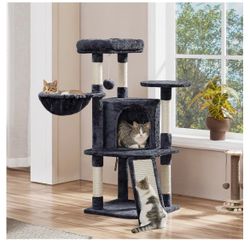 42in Cat Tree Tower for Indoor Cats, Kitten House with Large Perch & Scratching Posts & Cozy Condo & Scratching Ramp, Pet Furniture Activity Center, D