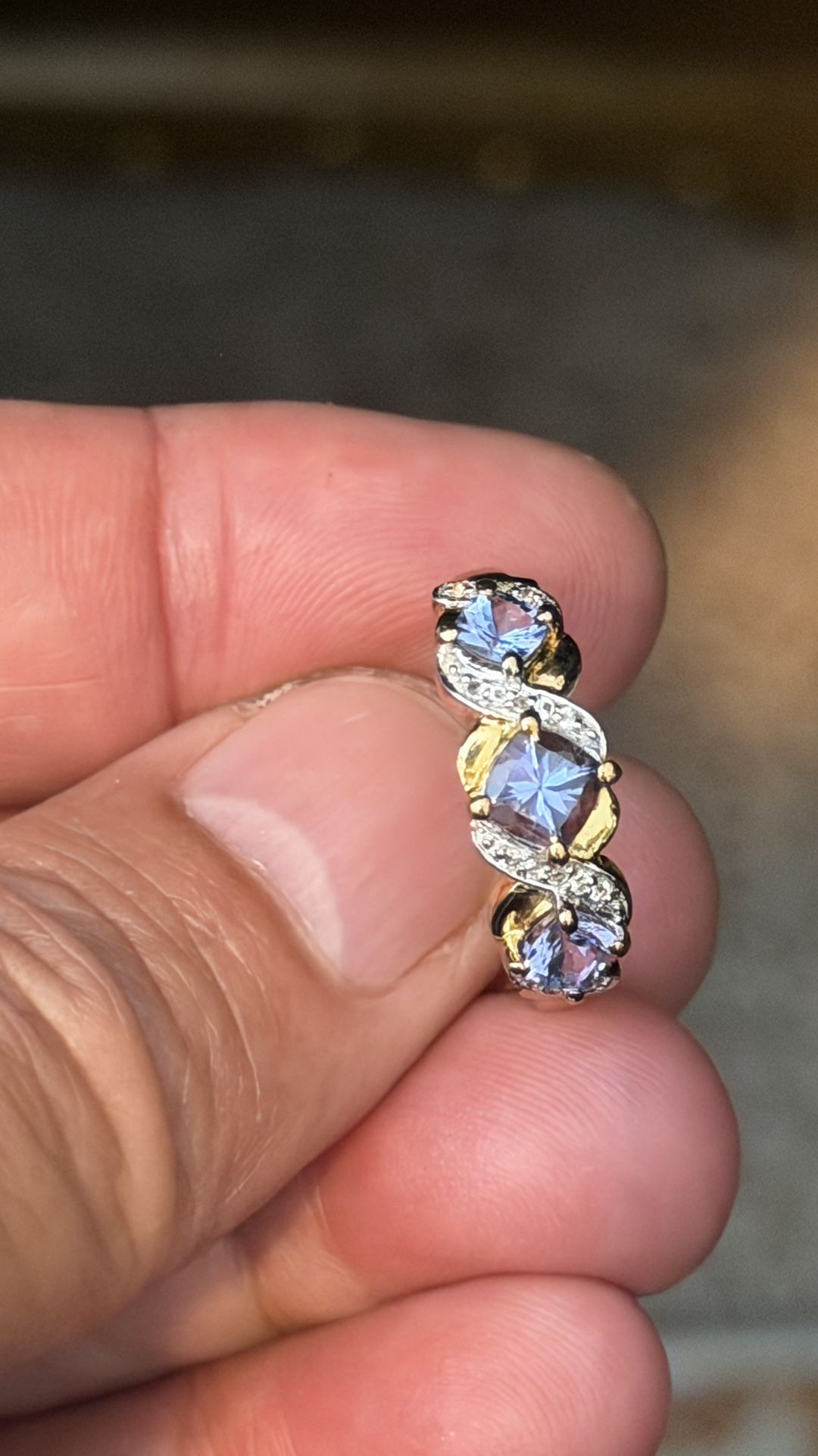 Sterling Silver Ring With Natural Tanzanite Gemstones And Some Gold Decorating