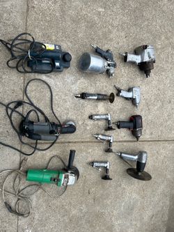 Various pneumatic tools, impact wrenches, grinders, paint sprayer.