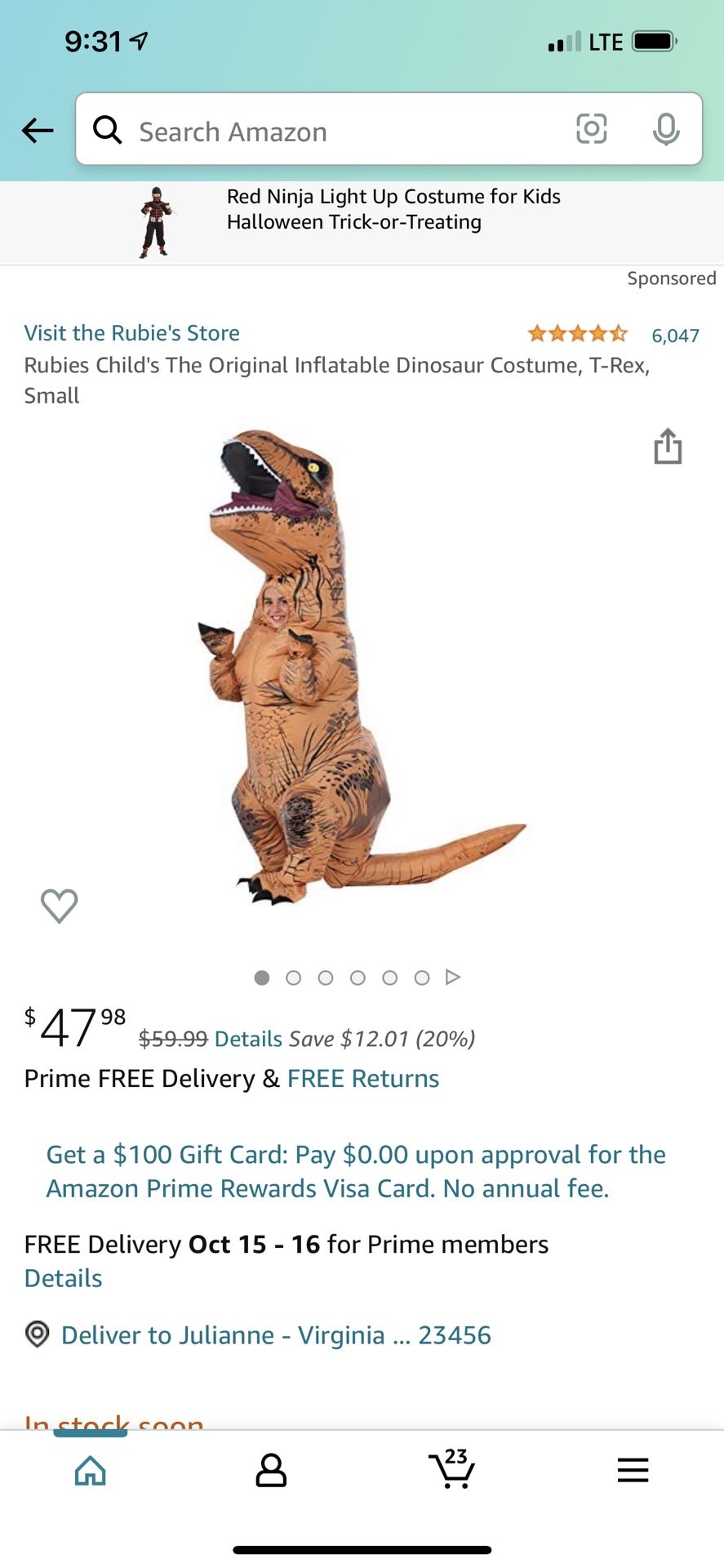 Inflatable T-Rex Kids Costume