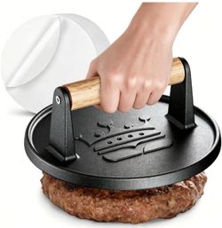 Smash Burger Press 6.5”, Includes 20 Pcs of Baking Paper, Cast Iron Flat Round Edge Grill/Bacon/Meat/Hamburger/Chef Press with Wood Handle, Hamburger