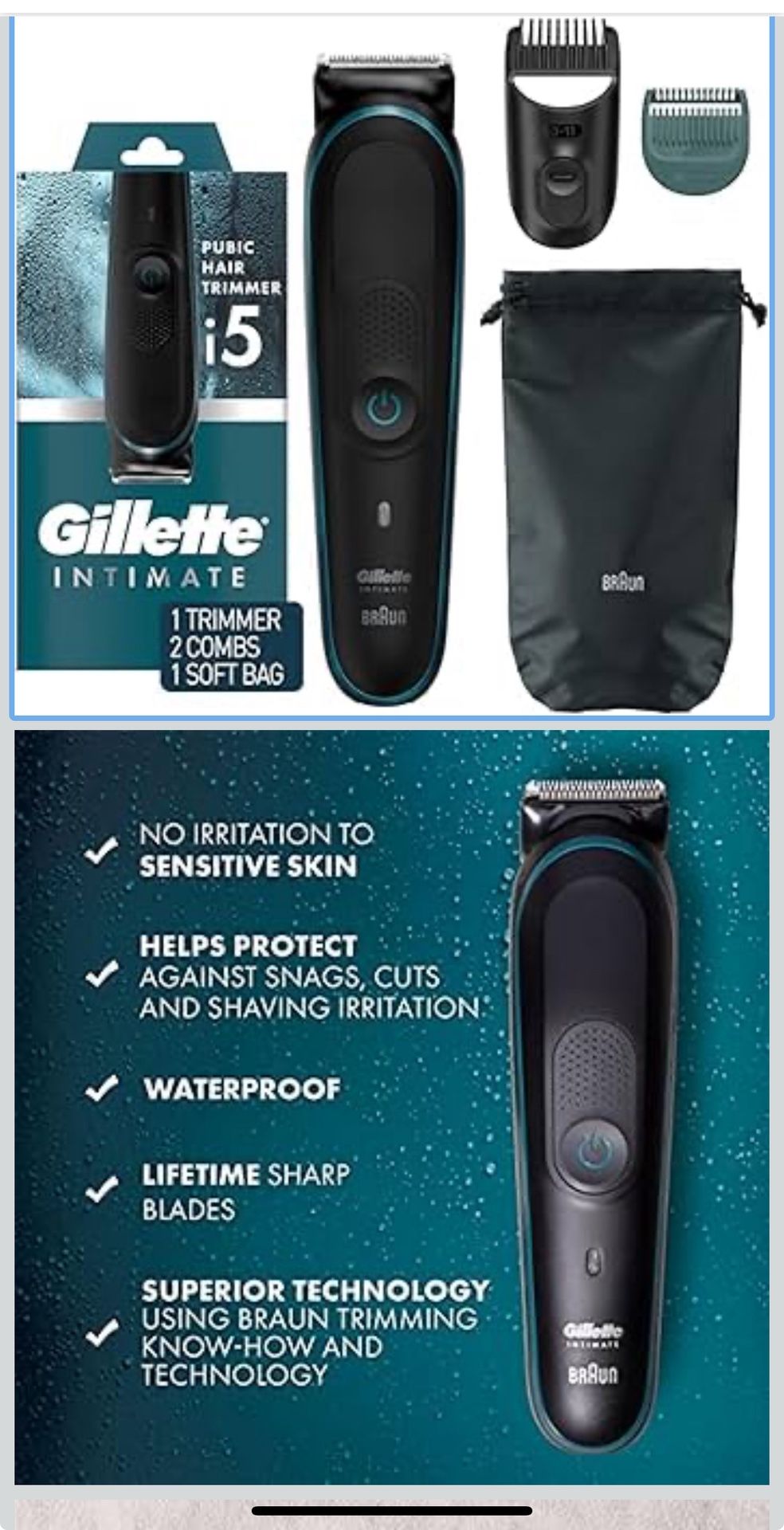 Gillette Intimate Men’s Manscape Pubic Hair Trimmer, SkinFirst Ball Trimmer For Men, Waterproof, Cordless For Wet/Dry Use, Electric Shaver For Men