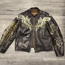 Custom The Great China Wall Distressed Skull Head Guns Leather Jacket Size LARGE