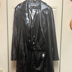 Black Metallic Plastic Trench Coat   Xl  And Pants 1x  