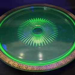 Rare 1930s Tiffin Franciscan Rambler Rose Uranium Glass Cake Plate/Server  w/ 24K Gold Rim-Glows!