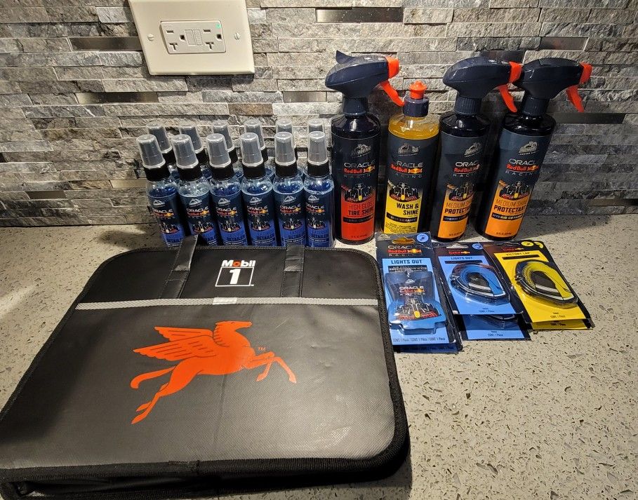 Armor All and Oracle Red Bull Racing Podium Series cleaning products with Black Mobil 1 Bag.