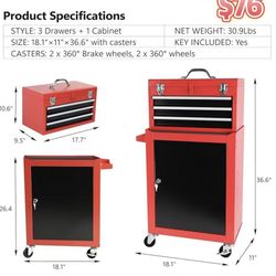 😀 Rolling Tool Chest with Drawers, Metal Tool Cabinet on Wheels with Detachable Top Tool Box, 3-Drawer Tool Cart with Adjustable Shelf and Locking