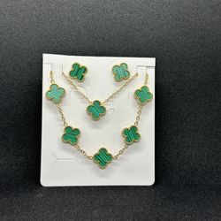 Four Leaf Flower Jewelry Set - Green
