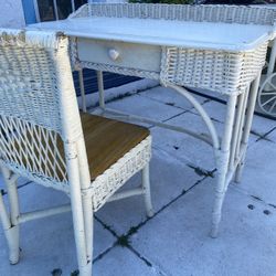 Vintage White Wicker/wood Desk With Chair 