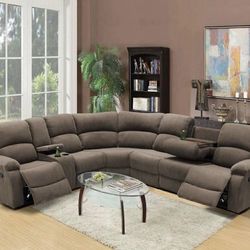 Brown microfiber fully reclining sectional couch