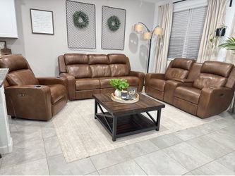 Beautiful Brown Genuine Leather Power Reclining Couch, Loveseat, & Chair Set