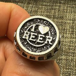547-New Mens Size 9 “I LOVE BEER BOTTLE CAP RING” S925 Stamped