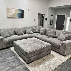 Brand New 🔻 $10 Down Payment Finance 🎗️Lindyn Gray 5 Piece Velvet Sectional and Ottoman ▪️# Sofa # Loveseat # Couch # Living Room Set