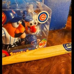 New Hasbro Mr. Potato Head Sports Spuds Chicago Cubs MLB. NIB Sealed & 18" Chicago Cubs wooden Bat, Firm.