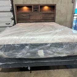 NEW QUEEN WOOD BLUETOOTH HEADBOARD BED WITH PROMOTIONAL MATTRESS AND BOXSPRING INCLUDING LIGHTS USB PORTS